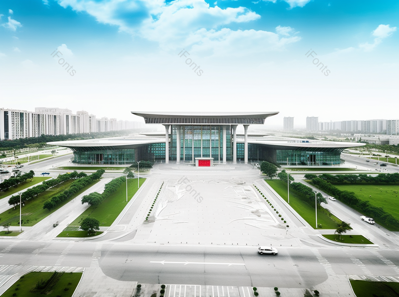 航拍现代未来城市简约对称建筑蓝天白云设计感俯拍摄影,高清,摄影图,摄影图片,图片大全,摄影图免费下载